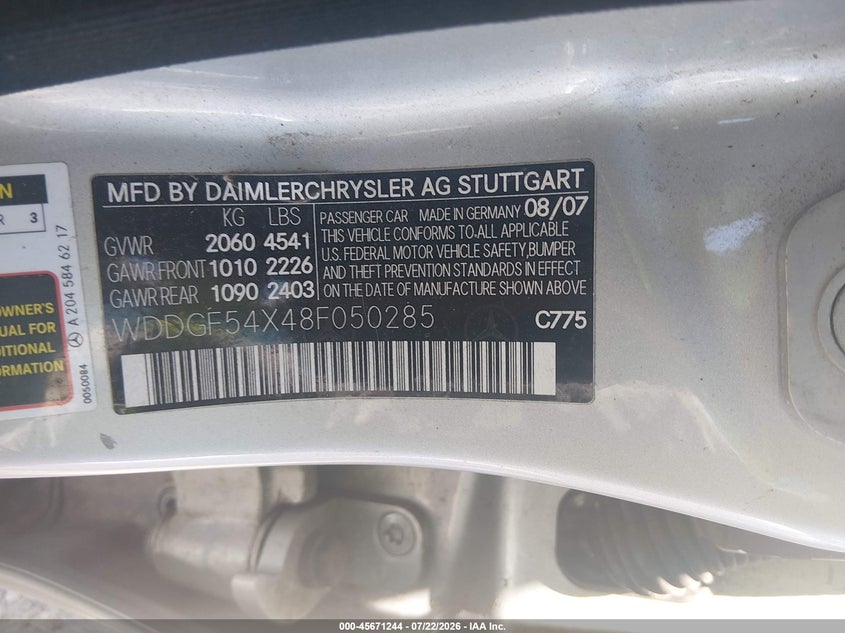 2008 Mercedes-benz C class VIN WDDGF54X48F050285 IAAI salvage auction — WATER/FLOOD, Salvage (Louisiana), sold $250 on 2026-08-04 (photo 9)