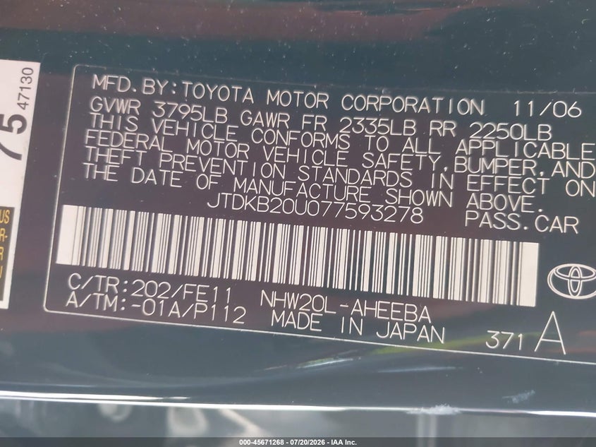 2007 Toyota Prius VIN JTDKB20U077593278 IAAI salvage auction — NORMAL WEAR, Clear (Florida), sold $325 on 2026-07-30 (photo 9)