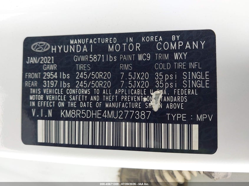 2021 Hyundai Palisade VIN KM8R5DHE4MU277387 IAAI salvage auction — FRONT END, Salvage (California), sold $12,675 on 2026-07-29 (photo 9)