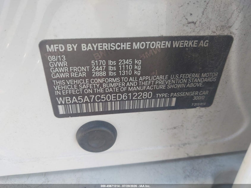 2014 BMW 5er VIN WBA5A7C50ED612280 IAAI salvage auction — NORMAL WEAR, Clear (New York), sold $25 on 2026-07-28 (photo 9)