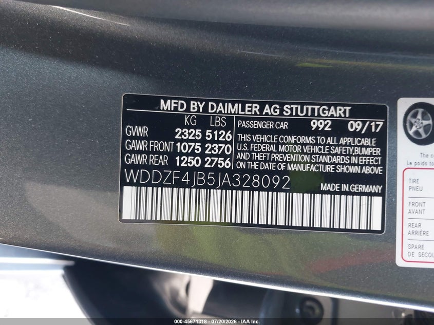 2018 Mercedes-benz E-klasse VIN WDDZF4JB5JA328092 IAAI salvage auction — ELECTRICAL, Rebuildable (Florida), sold $6,800 on 2026-08-08 (photo 9)