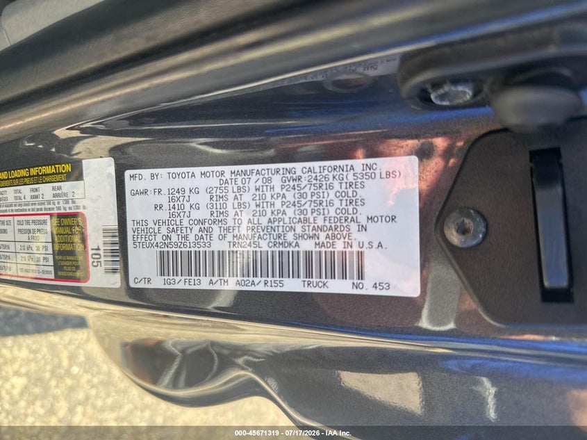 2009 Toyota Tacoma VIN 5TEUX42N59Z613533 IAAI salvage auction — NORMAL WEAR, Clear (New York), sold $1,250 on 2026-07-22 (photo 9)