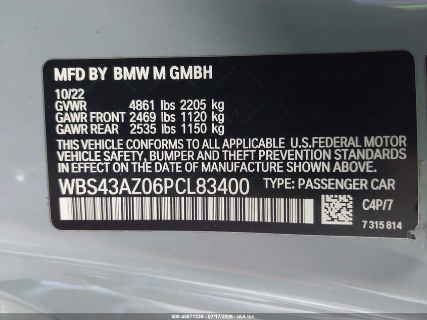 2023 BMW M4 VIN WBS43AZ06PCL83400 IAAI salvage auction — RIGHT FRONT, Clear (New York), sold $27,000 on 2026-07-22 (photo 9)