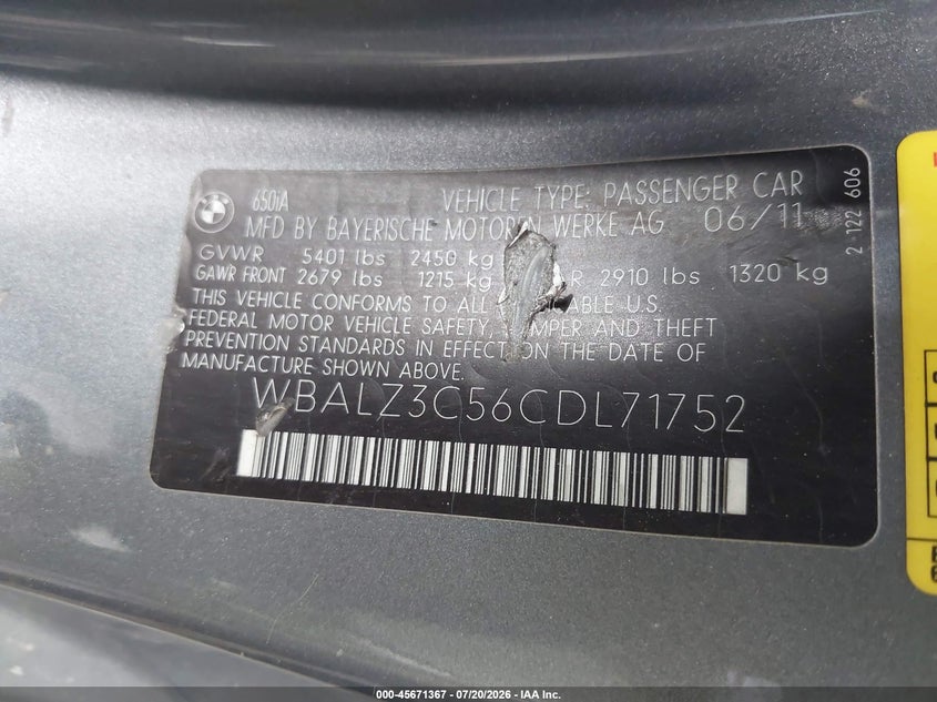 2012 BMW 6er VIN WBALZ3C56CDL71752 IAAI salvage auction — MECHANICAL, Clear (Virginia), sold $25 on 2026-07-30 (photo 9)