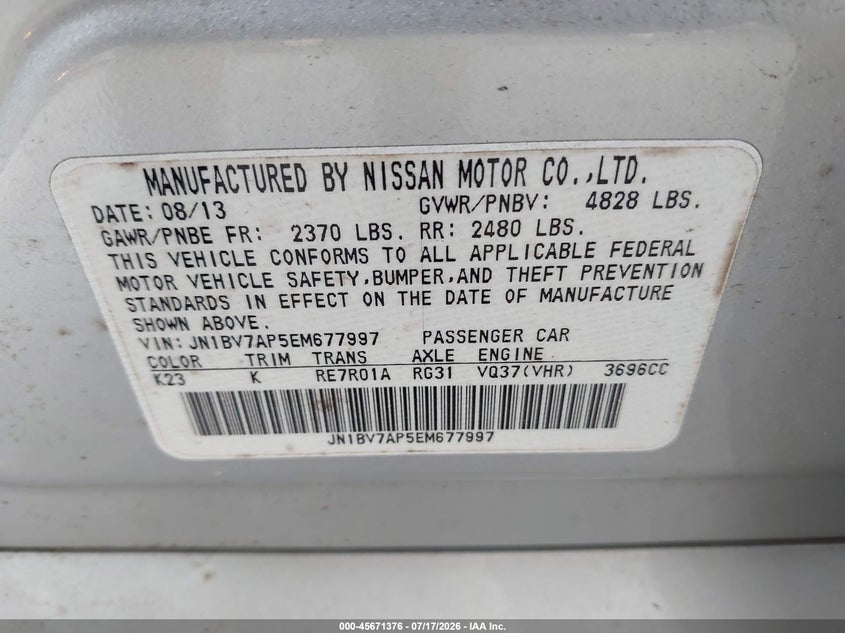 2014 Infiniti Q50 VIN JN1BV7AP5EM677997 IAAI salvage auction — NORMAL WEAR, Clear (Virginia), sold $3,425 on 2026-07-31 (photo 9)