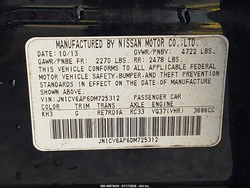 2013 Infiniti G VIN JN1CV6AP6DM725312 IAAI salvage auction — NORMAL WEAR, Salvage Title, sold $25 on 2026-07-23 (photo 9)