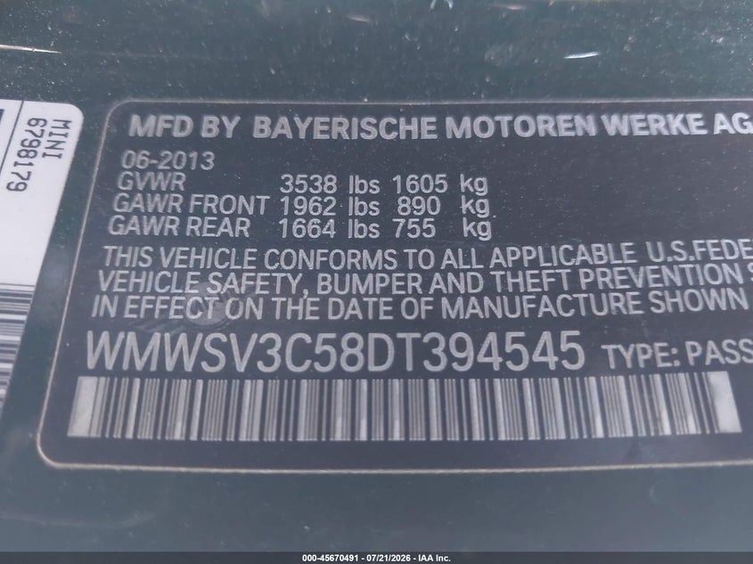 2013 Mini Hard top VIN WMWSV3C58DT394545 IAAI salvage auction — FRONT END, Wait Title, sold $375 on 2026-08-29 (photo 9)