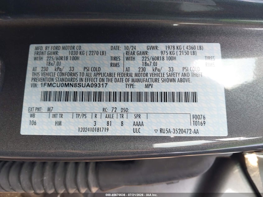 2025 Ford Escape VIN 1FMCU0MN8SUA09317 IAAI salvage auction — BIO HAZARD, Enterprise Vehicles Clear Only (Texas), sold $8,900 on 2026-07-22 (photo 9)