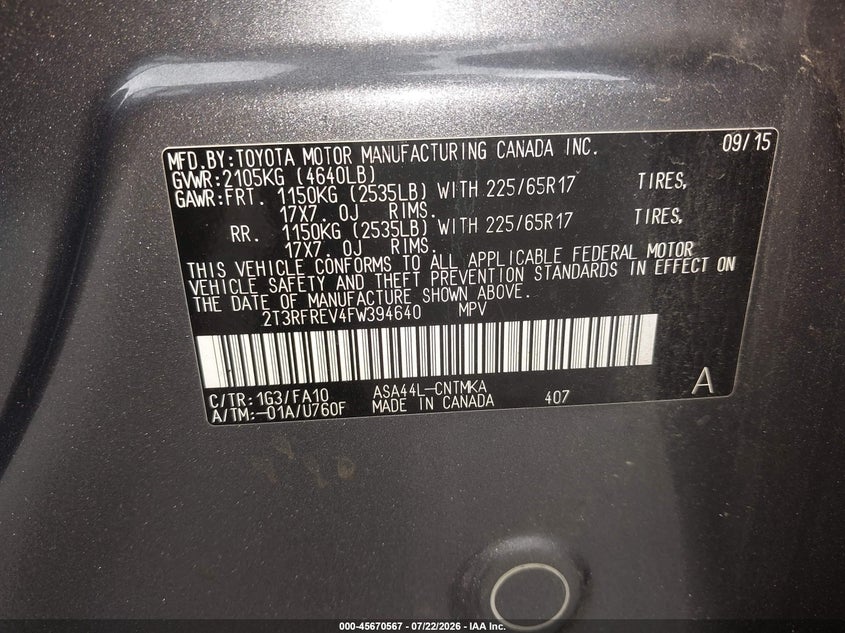 2015 Toyota Rav 4 VIN 2T3RFREV4FW394640 IAAI salvage auction — FRONT END, Wait Title, sold $3,050 on 2026-08-20 (photo 9)