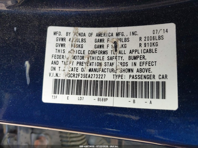 2014 Honda Accord VIN 1HGCR2F35EA273227 IAAI salvage auction — FRONT & REAR, Salvage Title, sold $1,100 on 2026-07-25 (photo 9)