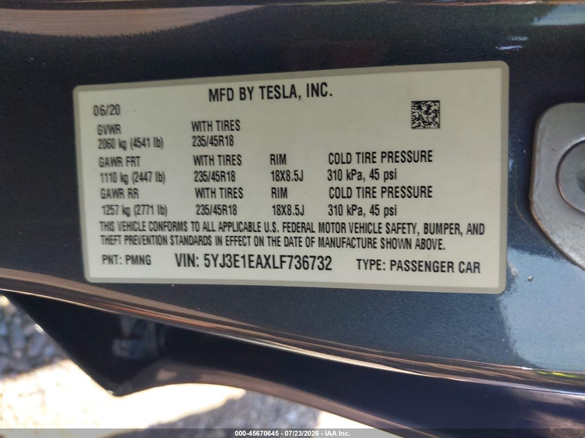 2020 Tesla Model 3 VIN 5YJ3E1EAXLF736732 IAAI salvage auction — SIDE, Salvage Title, sold $6,800 on 2026-07-31 (photo 9)