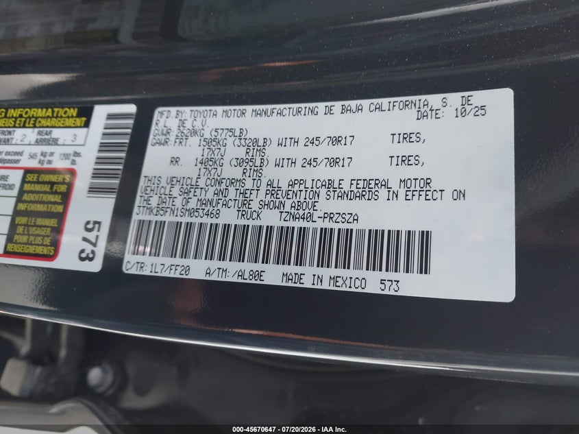 2025 Toyota Tacoma VIN 3TMKB5FN1SM053468 IAAI salvage auction — FRONT END, Salvage (California), sold $16,950 on 2026-07-30 (photo 9)