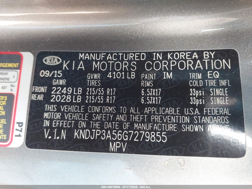 2016 Kia Soul VIN KNDJP3A56G7279855 IAAI salvage auction — NORMAL WEAR, Original (Ohio), sold $175 on 2026-07-28 (photo 9)