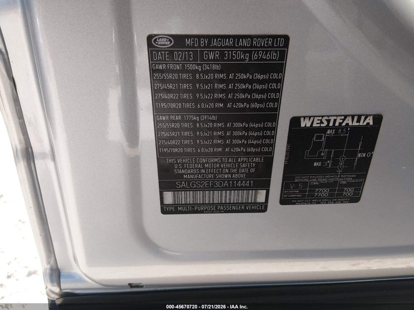 2013 Land rover RANGE ROVER VIN SALGS2EF3DA114441 IAAI salvage auction — FRONT END, Salvage (Illinois), sold $7,200 on 2026-08-23 (photo 9)