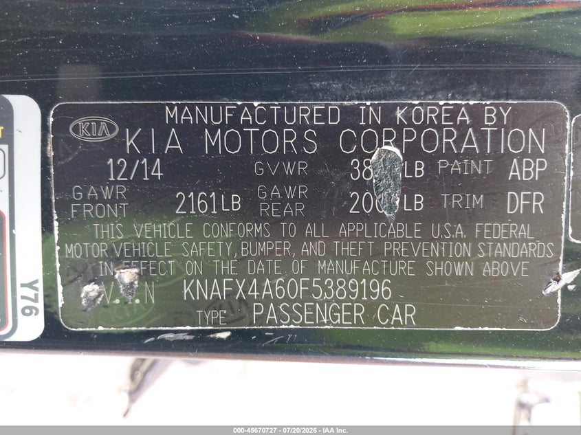 2015 Kia Forte VIN KNAFX4A60F5389196 IAAI salvage auction — NORMAL WEAR, Clear (Maryland), sold $950 on 2026-07-30 (photo 9)