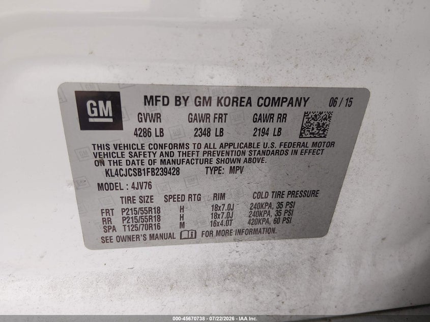 2015 Buick Encore VIN KL4CJCSB1FB239428 IAAI salvage auction — REAR END, Salvage (North Carolina), sold $2,200 on 2026-08-02 (photo 9)