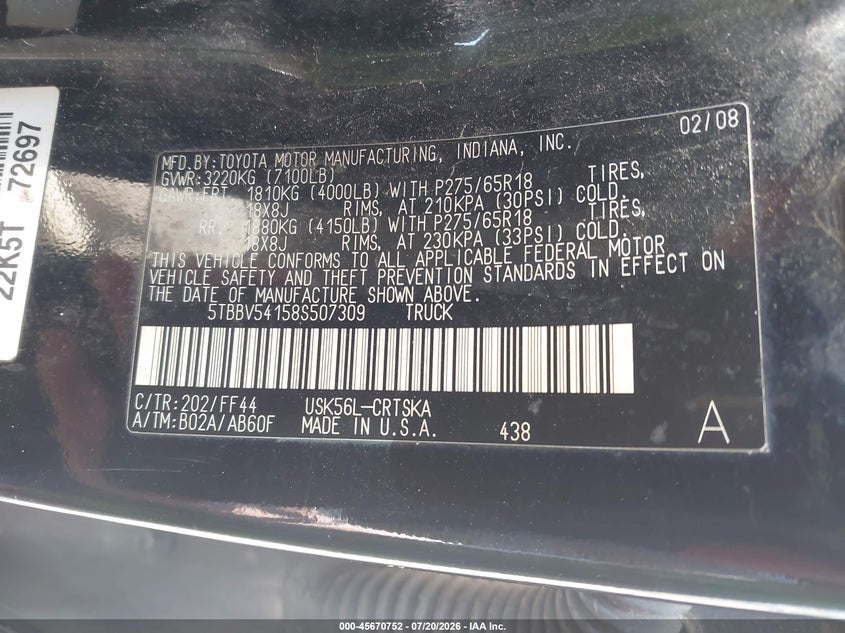 2008 Toyota Tundra VIN 5TBBV54158S507309 IAAI salvage auction — NORMAL WEAR, Clear (New York), sold $525 on 2026-07-29 (photo 9)