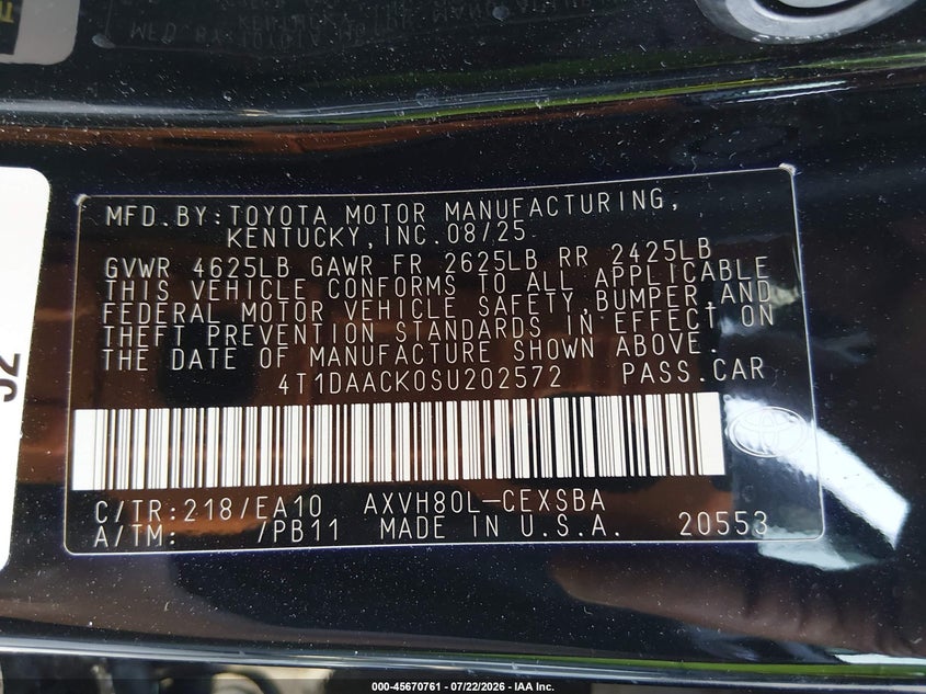 2025 Toyota Camry VIN 4T1DAACK0SU202572 IAAI salvage auction — SIDE, Salvage Title, sold $14,100 on 2026-08-06 (photo 9)