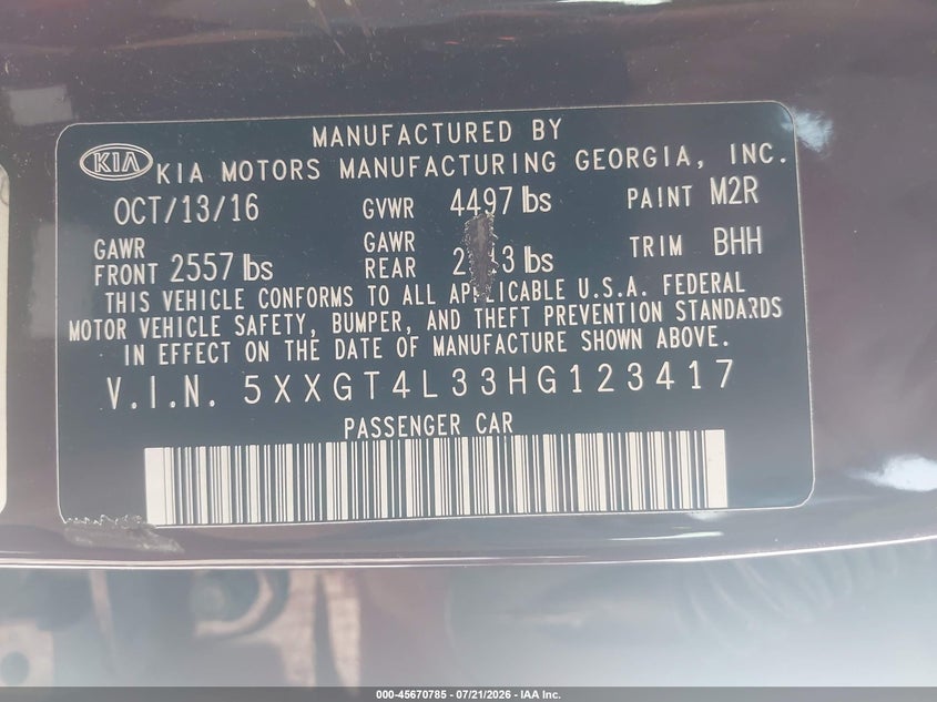 2017 Kia Optima VIN 5XXGT4L33HG123417 IAAI salvage auction — FRONT END, Salvage Title, sold $800 on 2026-09-02 (photo 9)