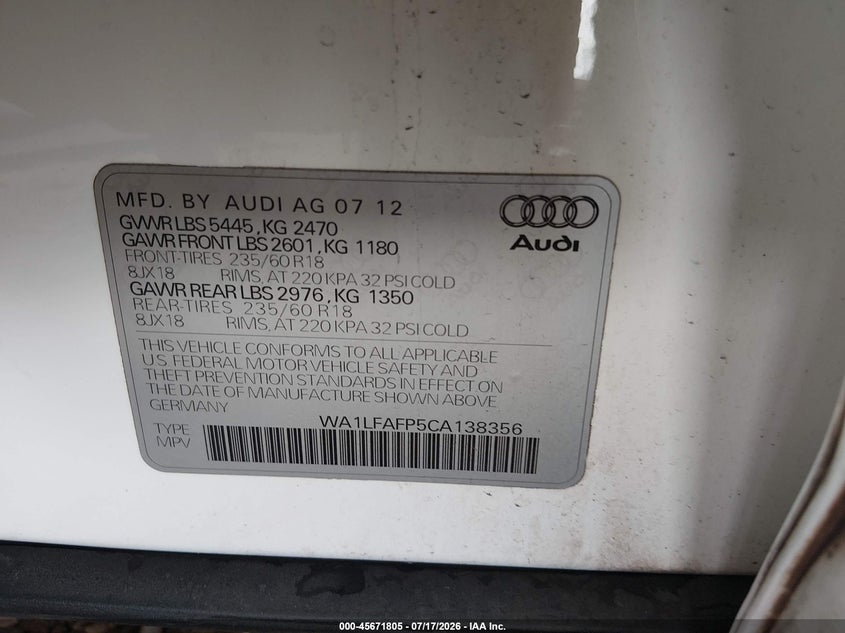 2012 Audi Q5 VIN WA1LFAFP5CA138356 IAAI salvage auction — NORMAL WEAR, Clear-Dealer Only (Arizona), sold $425 on 2026-07-28 (photo 9)