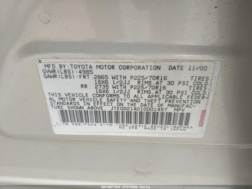 2001 Toyota Highlander VIN JTEGD21A010001457 IAAI salvage auction — FRONT END, Clear (Virginia), sold $125 on 2026-07-28 (photo 9)