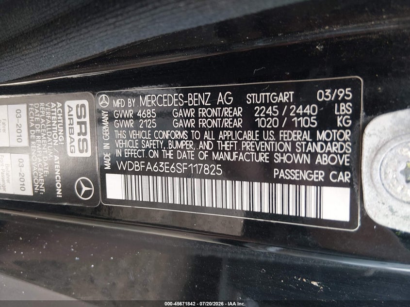 1995 Mercedes-benz Sl-class VIN WDBFA63E6SF117825 IAAI salvage auction — NORMAL WEAR, Clear (Washington), sold $725 on 2026-07-29 (photo 9)