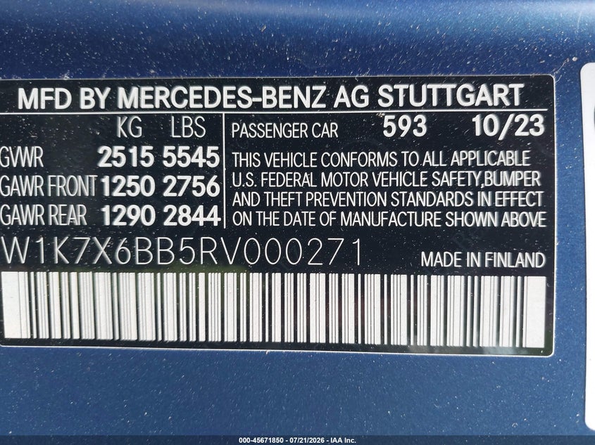 2024 Mercedes-benz VIN W1K7X6BB5RV000271 IAAI salvage auction — FRONT END, Wait Title, sold $39,000 on 2026-08-24 (photo 9)