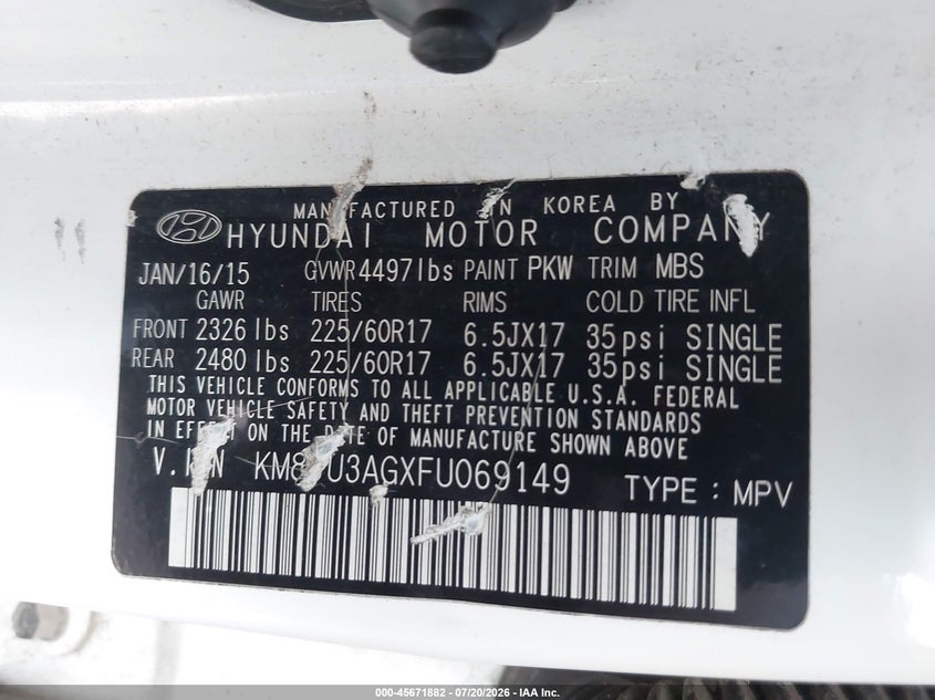 2015 Hyundai Tucson VIN KM8JU3AGXFU069149 IAAI salvage auction — NORMAL WEAR, Original (Texas), sold $1,350 on 2026-07-29 (photo 9)