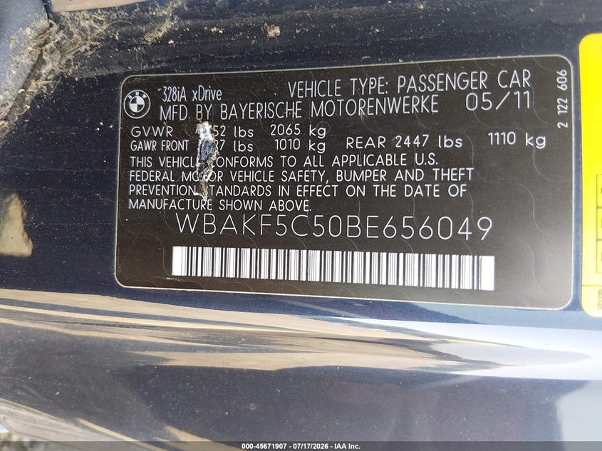 2011 BMW 3 series VIN WBAKF5C50BE656049 IAAI salvage auction — NORMAL WEAR, Clear (New Jersey), sold $25 on 2026-07-23 (photo 9)