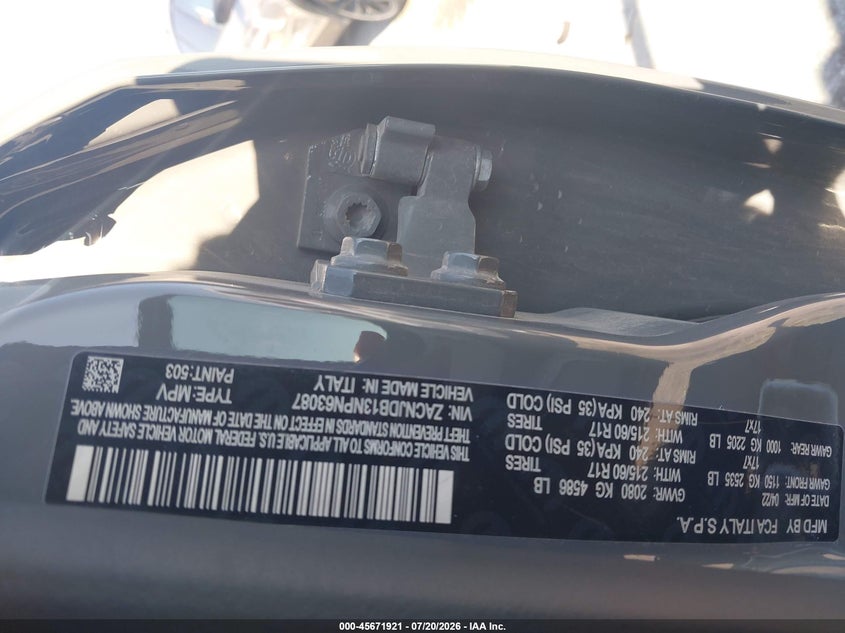 2022 Jeep Renegade VIN ZACNJDB13NPN63087 IAAI salvage auction — FRONT END, Salvage (Iowa), sold $2,100 on 2026-08-15 (photo 9)