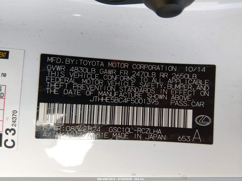 2015 Lexus Rc VIN JTHHE5BC4F5001395 IAAI salvage auction — FRONT END, Salvage (California), sold $3,350 on 2026-08-03 (photo 9)