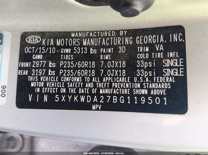 2011 Kia Sorento VIN 5XYKWDA27BG119501 IAAI salvage auction — NORMAL WEAR, Clear (North Carolina), sold $1,700 on 2026-07-22 (photo 9)