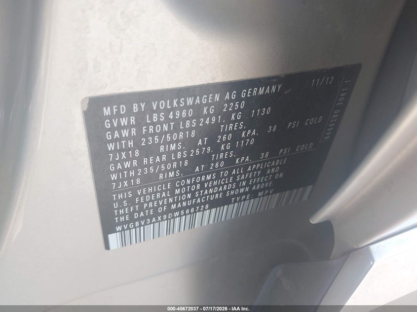 2013 Volkswagen Tiguan VIN WVGBV3AX9DW566728 IAAI salvage auction — FRONT END, Regular Certificate (Iowa), sold $525 on 2026-08-18 (photo 9)