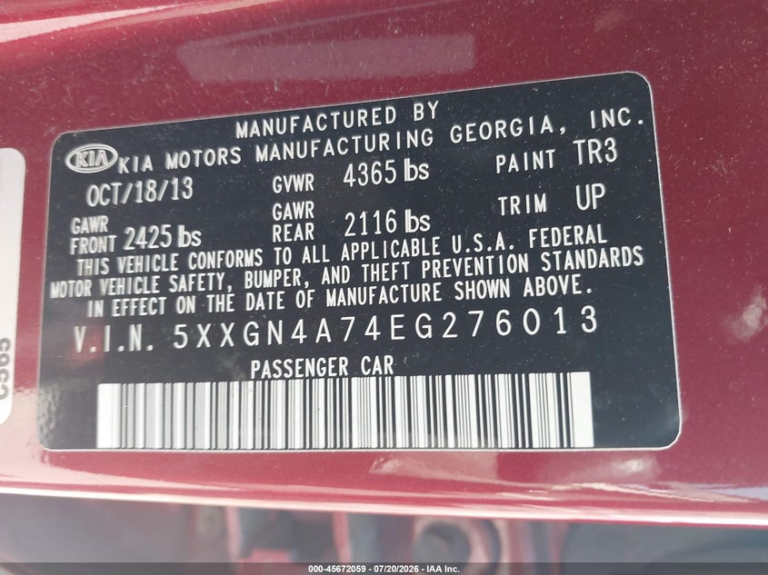 2014 Kia Optima VIN 5XXGN4A74EG276013 IAAI salvage auction — NORMAL WEAR, Clear (Pennsylvania), sold $275 on 2026-07-24 (photo 9)
