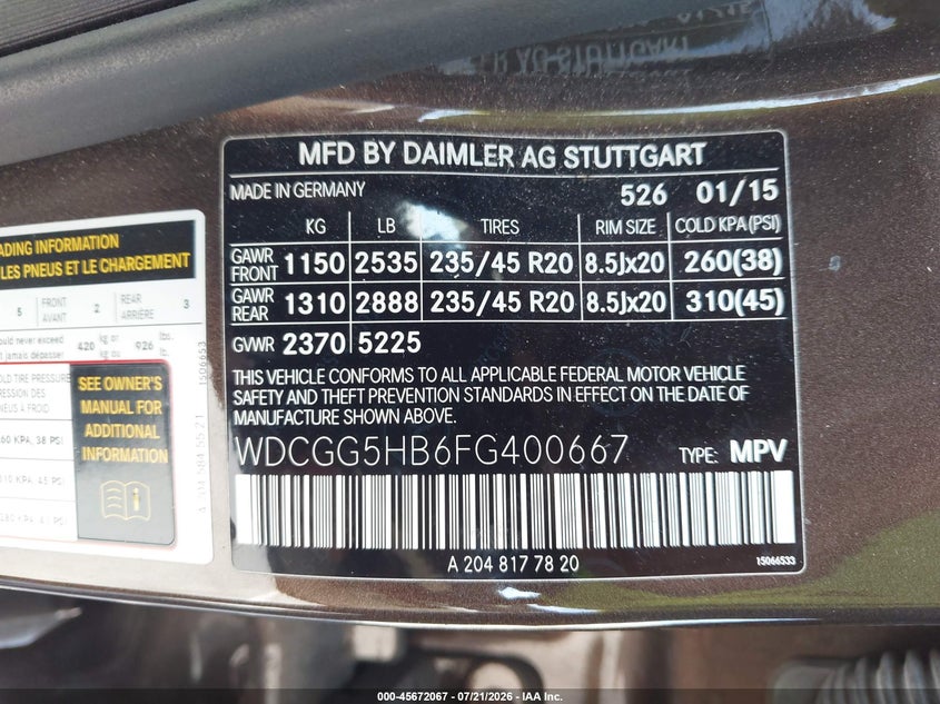 2015 Mercedes-benz Glk-klasse VIN WDCGG5HB6FG400667 IAAI salvage auction — FRONT END, Salvage (California), sold $6,075 on 2026-08-12 (photo 9)