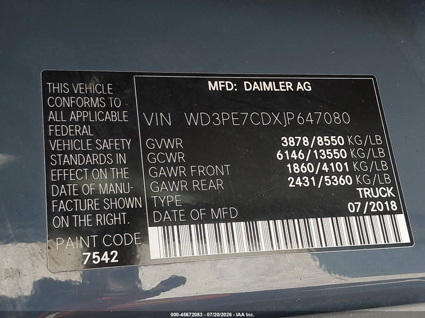 2018 Mercedes-benz Sprinter VIN WD3PE7CDXJP647080 IAAI salvage auction — FRONT END, Wait Title, sold $2,600 on 2026-07-31 (photo 9)