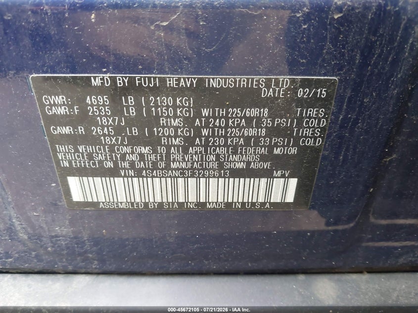 2015 Subaru Outback VIN 4S4BSANC3F3299613 IAAI salvage auction — UNDERCARRIAGE, Salvage Title, sold $1,250 on 2026-07-25 (photo 9)