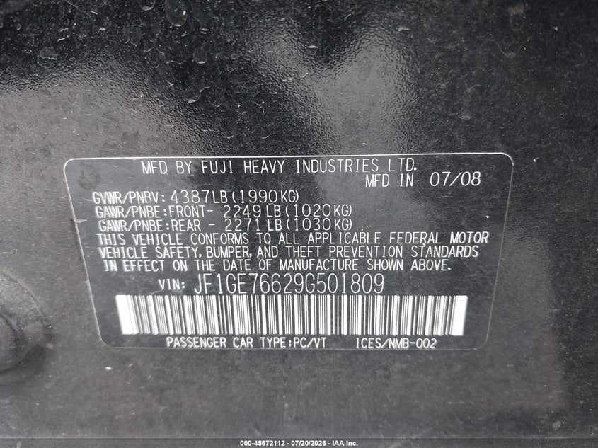 2009 Subaru Impreza VIN JF1GE76629G501809 IAAI salvage auction — NORMAL WEAR, Clear - Dealer Only (California), sold $25 on 2026-07-29 (photo 9)