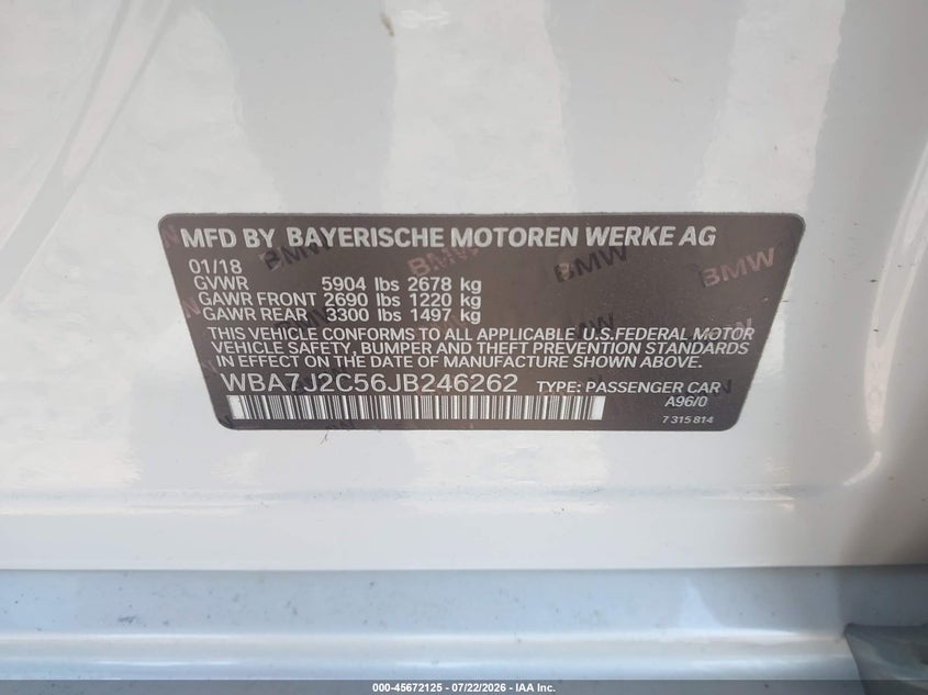 2018 BMW 7er VIN WBA7J2C56JB246262 IAAI salvage auction — FRONT END, Salvage Title, sold $9,750 on 2026-08-04 (photo 9)