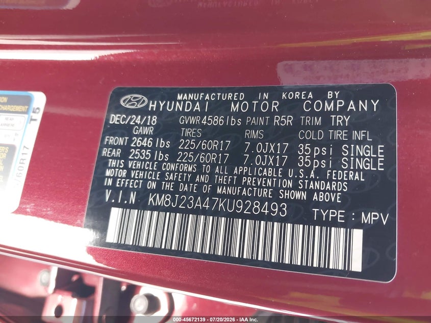 2019 Hyundai Tucson VIN KM8J23A47KU928493 IAAI salvage auction — NORMAL WEAR, Clear (Florida), sold $2,025 on 2026-07-29 (photo 9)