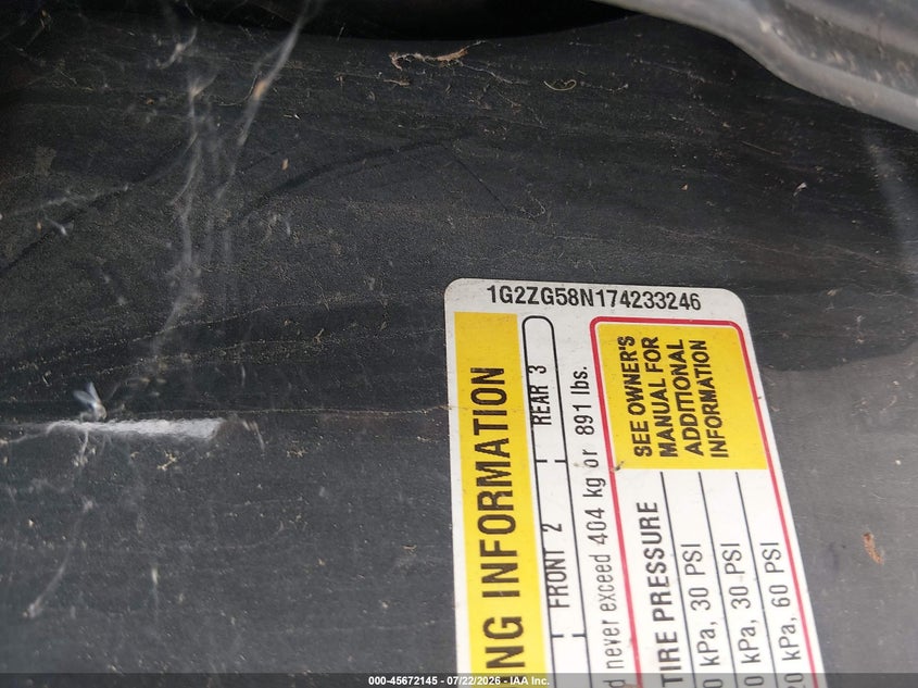 2007 Pontiac G6 VIN 1G2ZG58N174233246 IAAI salvage auction — NORMAL WEAR, Clear (Illinois), sold $25 on 2026-07-28 (photo 9)