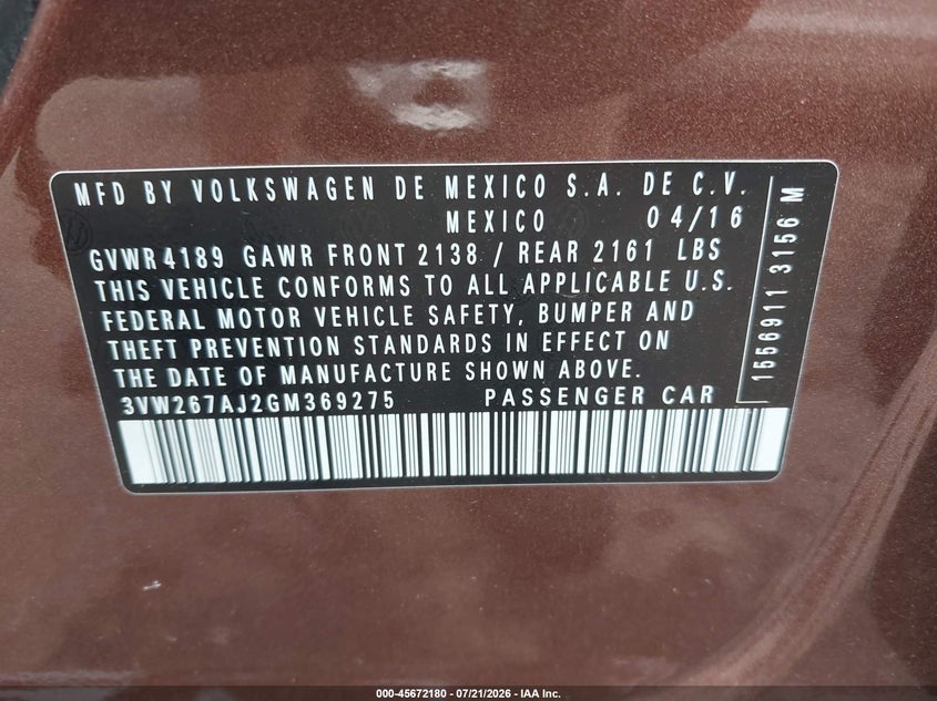2016 Volkswagen Jetta VIN 3VW267AJ2GM369275 IAAI salvage auction — HAIL, Wait Title, sold $1,950 on 2026-08-19 (photo 9)