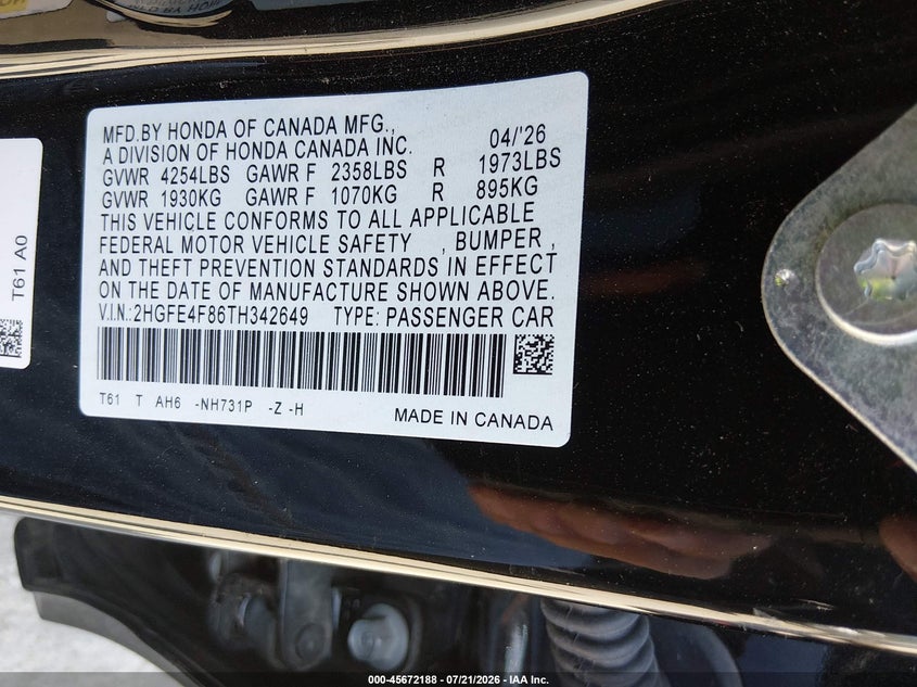 2026 Honda Civic VIN 2HGFE4F86TH342649 IAAI salvage auction — REAR END, Certificate Of Destruction (Florida), sold $7,600 on 2026-07-25 (photo 9)