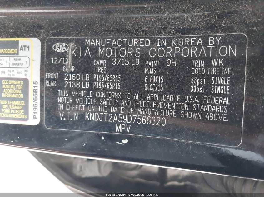 2013 Kia Soul VIN KNDJT2A59D7566320 IAAI salvage auction — FRONT & REAR, Clear (Oregon), sold $575 on 2026-07-23 (photo 9)
