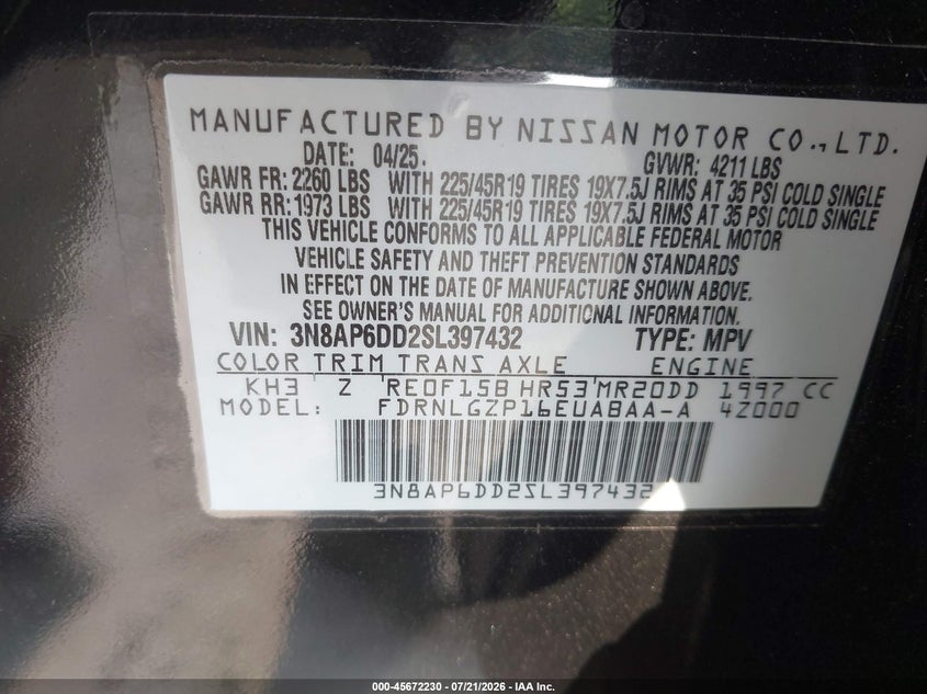 2025 Nissan Kicks VIN 3N8AP6DD2SL397432 IAAI salvage auction — HAIL, Clear Claim Paid (Wisconsin), sold $13,850 on 2026-08-18 (photo 9)
