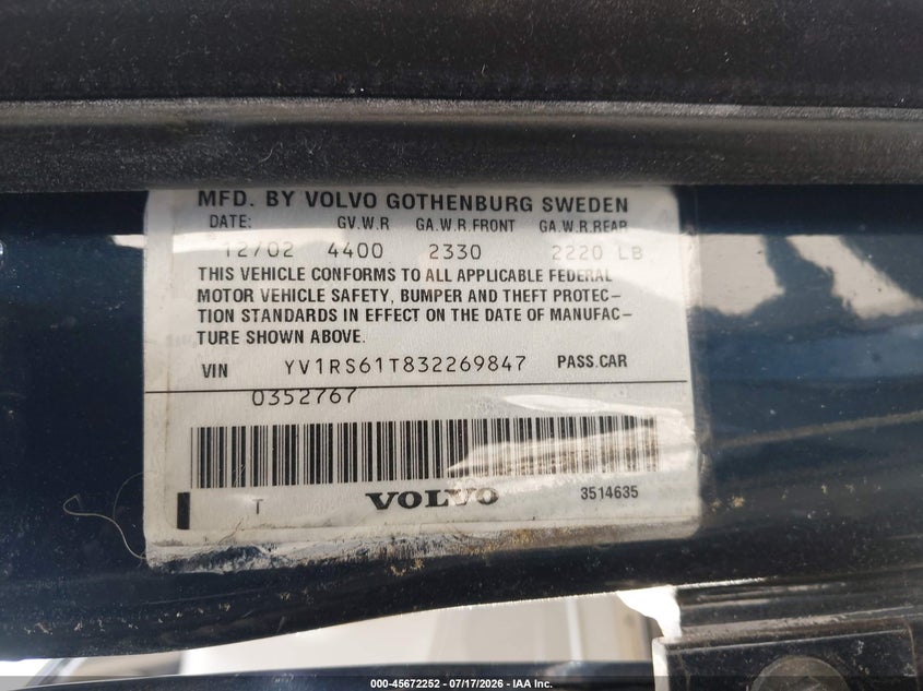 2003 Volvo S60 VIN YV1RS61T832269847 IAAI salvage auction — NORMAL WEAR, Repossession Paperwork (Georgia), sold $300 on 2026-08-13 (photo 9)