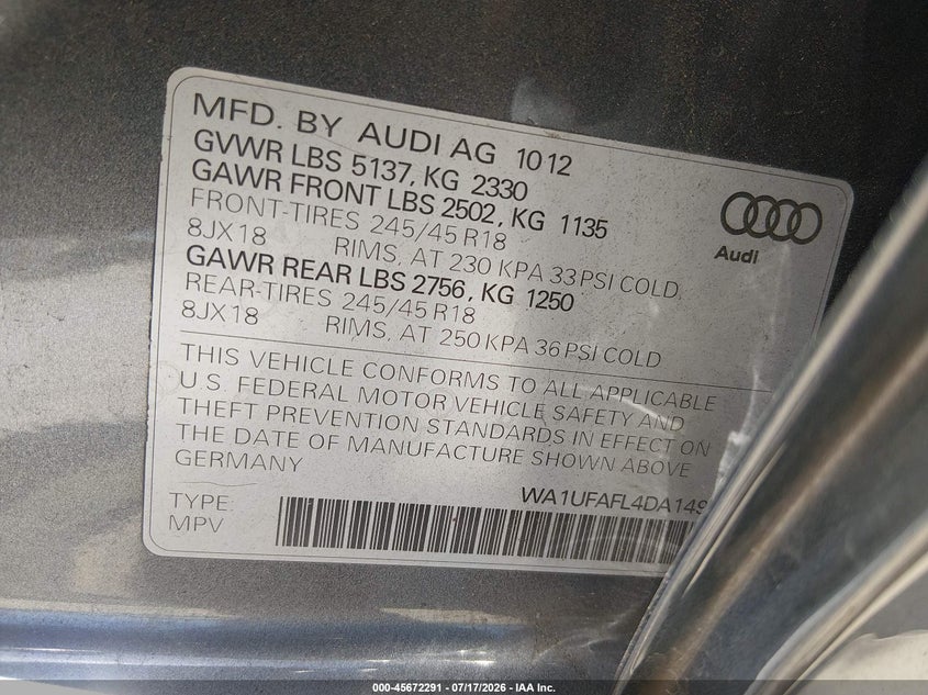 2013 Audi Allroad VIN WA1UFAFL4DA149528 IAAI salvage auction — LEFT FRONT, Salvage (California), sold $2,000 on 2026-07-29 (photo 9)