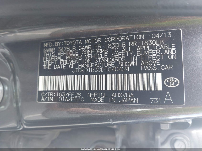 2013 Toyota Prius c VIN JTDKDTB30D1040424 IAAI salvage auction — NORMAL WEAR, Clear (New York), sold $25 on 2026-07-30 (photo 9)