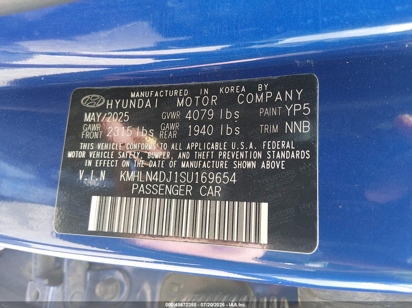 2025 Hyundai Elantra VIN KMHLN4DJ1SU169654 IAAI salvage auction — FRONT END, Enterprise Vehicles Clear Only (Texas), sold $4,100 on 2026-07-22 (photo 9)