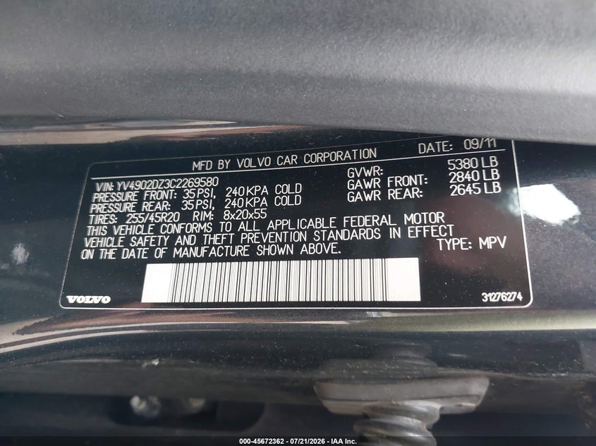 2012 Volvo Xc60 VIN YV4902DZ3C2269580 IAAI salvage auction — FRONT END, Salvage Title, sold $800 on 2026-08-19 (photo 9)